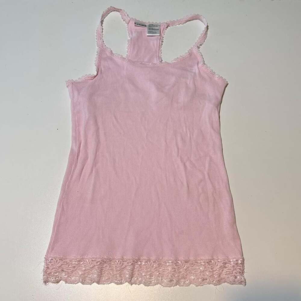 No Boundaries Y2K Pink Lace Trim Ribbed Tank Top
